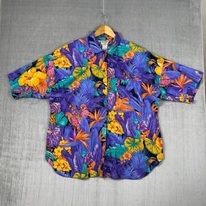 Vtg Ms Tops Button Up Womens 22W Purple Hummingbird Floral Hawaiian USA Made‎